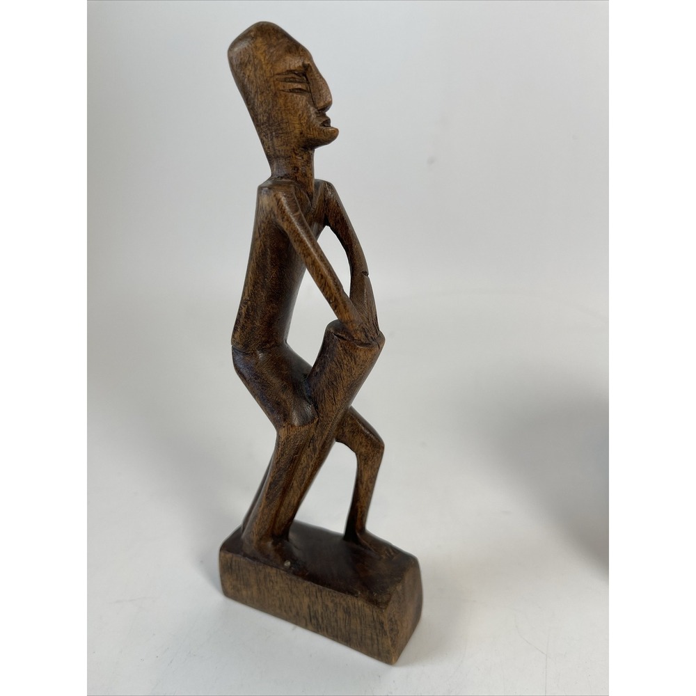 Hand Carved Wood Man Playing the Drum 6.5" Statue Wooden Figure